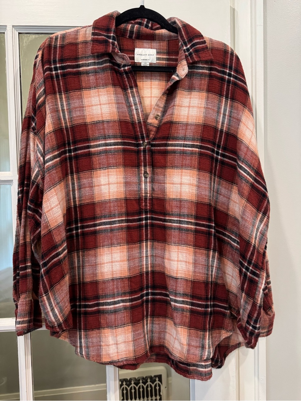 American Eagle Rust and Cream Plaid Button-Henley Tunic